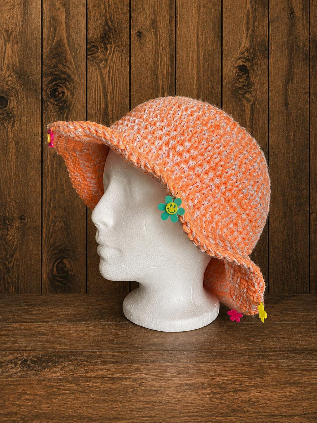Handmade Crochet Bucket Hat | Orange and White | Glitter | Flower Charm | Festival Fashion