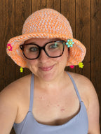 Handmade Crochet Bucket Hat | Orange and White | Glitter | Flower Charm | Festival Fashion
