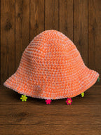 Handmade Crochet Bucket Hat | Orange and White | Glitter | Flower Charm | Festival Fashion