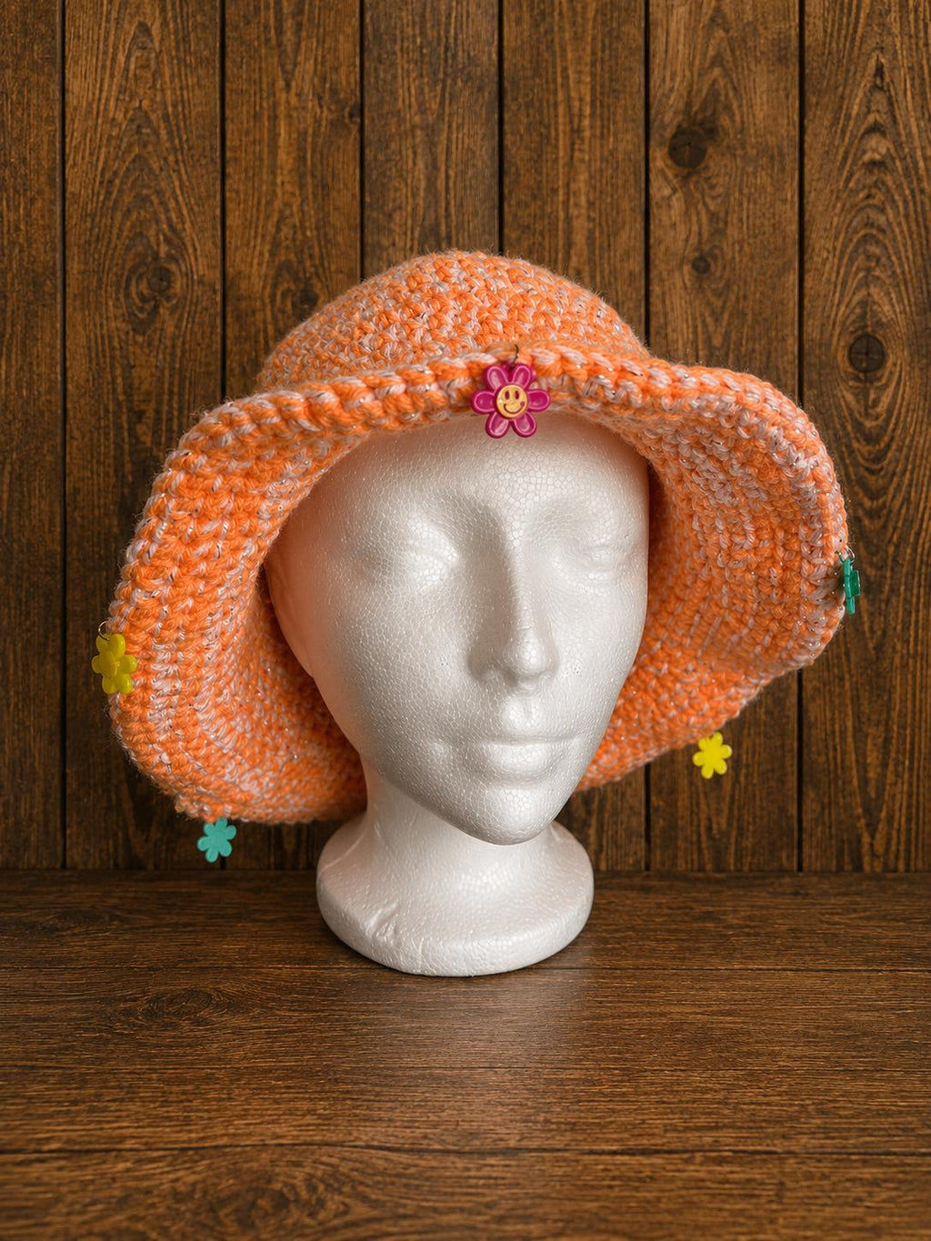 Handmade Crochet Bucket Hat | Orange and White | Glitter | Flower Charm | Festival Fashion